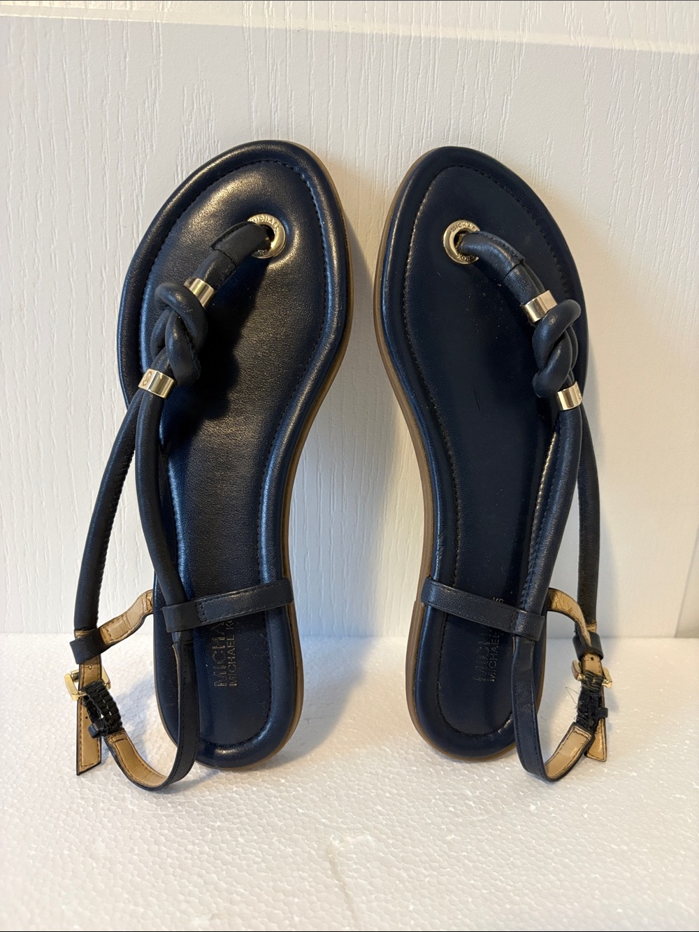 Michael Kors Navy Blue Leather Knotted Slingback Sandals with Gold Accents